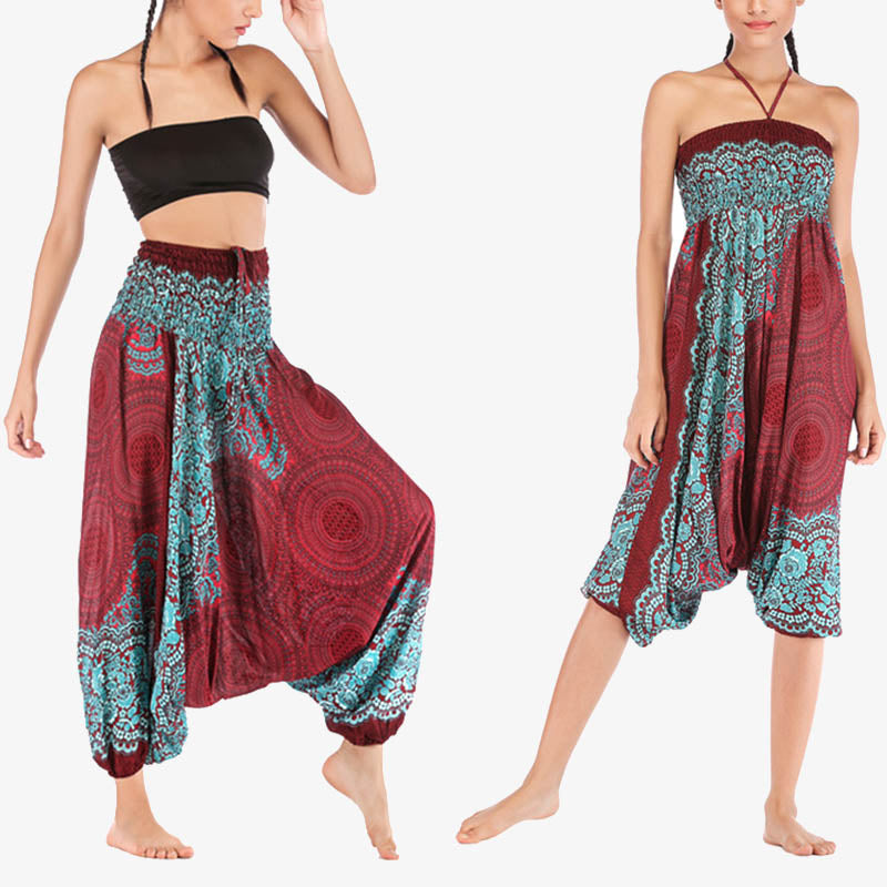 Buddha Stones ample à smocks avec motif géométrique rond et deux styles pour femme, taille haute, pantalon de yoga - Rouge Vert-US2-12，UK/AU6-16，EU34-44 (F) - image 0