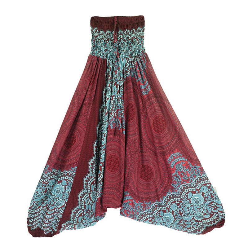 Buddha Stones ample à smocks avec motif géométrique rond et deux styles pour femme, taille haute, pantalon de yoga - image 1