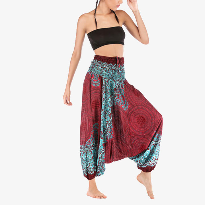 Buddha Stones ample à smocks avec motif géométrique rond et deux styles pour femme, taille haute, pantalon de yoga - image 2
