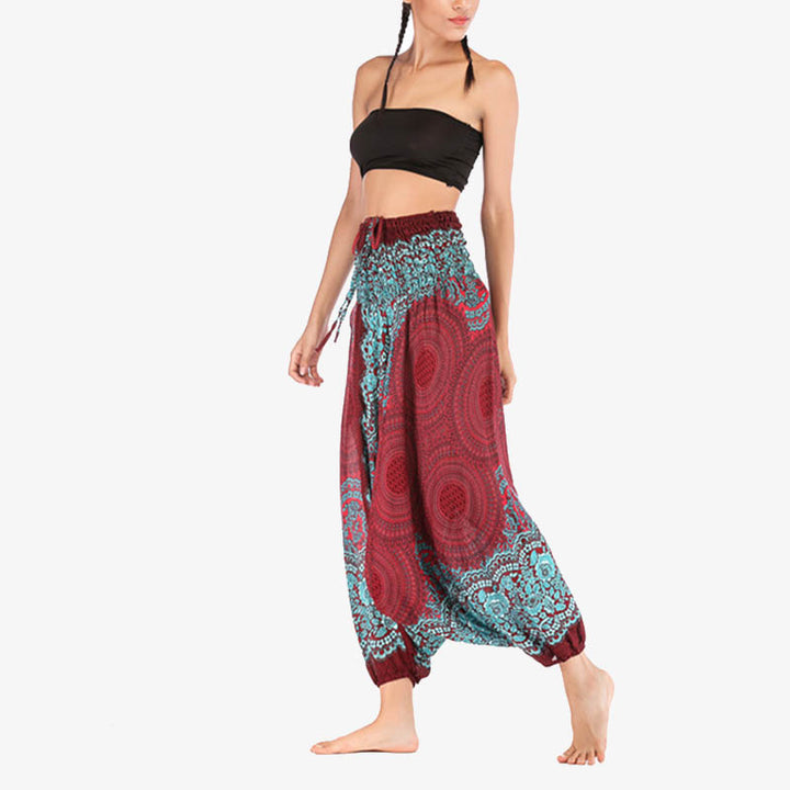 Buddha Stones ample à smocks avec motif géométrique rond et deux styles pour femme, taille haute, pantalon de yoga - image 4