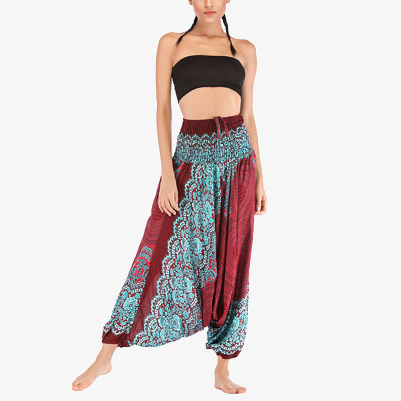 Buddha Stones ample à smocks avec motif géométrique rond et deux styles pour femme, taille haute, pantalon de yoga - image 3