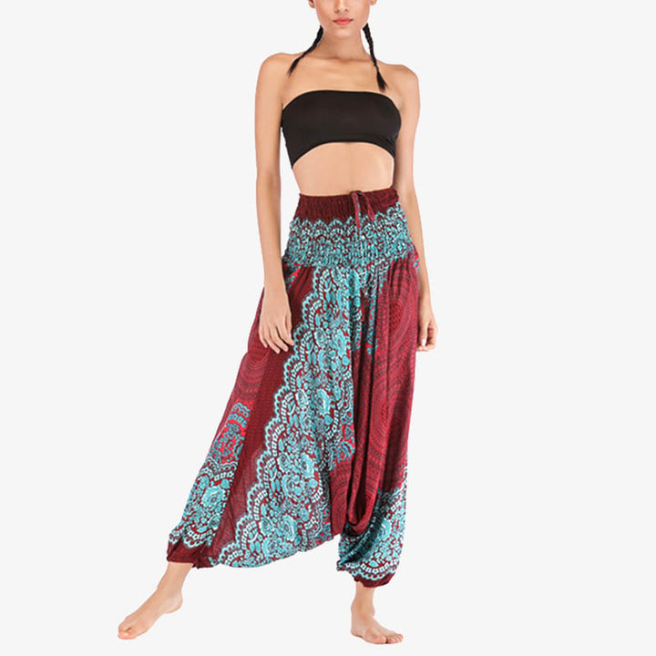 Buddha Stones ample à smocks avec motif géométrique rond et deux styles pour femme, taille haute, pantalon de yoga - image 3