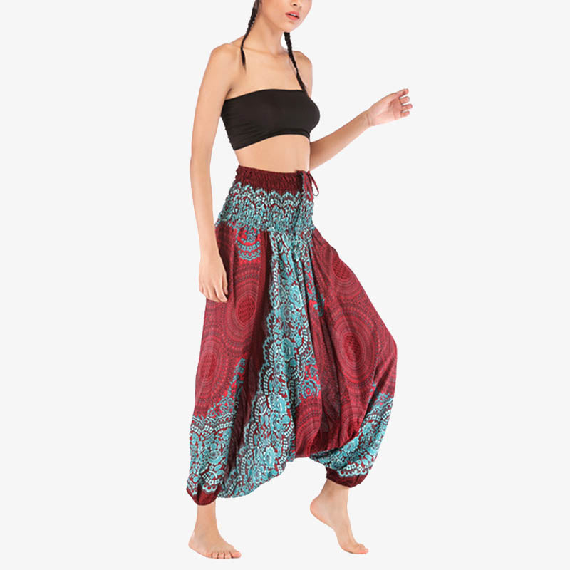 Buddha Stones ample à smocks avec motif géométrique rond et deux styles pour femme, taille haute, pantalon de yoga - image 5