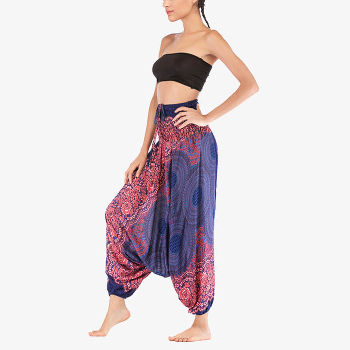 Buddha Stones ample à smocks avec motif géométrique rond et deux styles pour femme, taille haute, pantalon de yoga - image 12