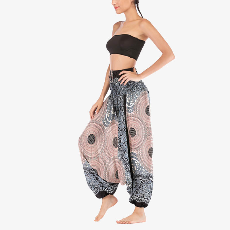 Buddha Stones ample à smocks avec motif géométrique rond et deux styles pour femme, taille haute, pantalon de yoga - image 32
