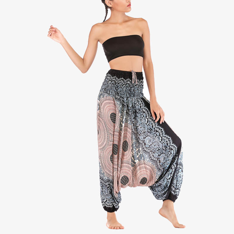 Buddha Stones ample à smocks avec motif géométrique rond et deux styles pour femme, taille haute, pantalon de yoga - image 33