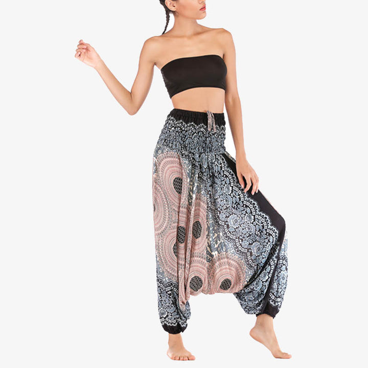 Buddha Stones ample à smocks avec motif géométrique rond et deux styles pour femme, taille haute, pantalon de yoga - image 33