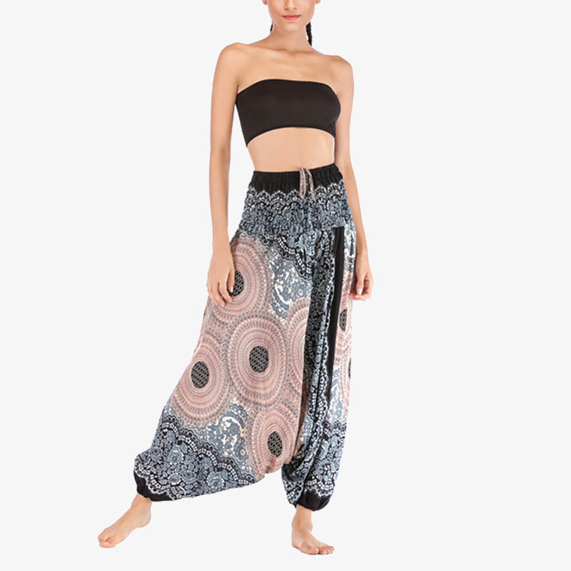 Buddha Stones ample à smocks avec motif géométrique rond et deux styles pour femme, taille haute, pantalon de yoga - image 29