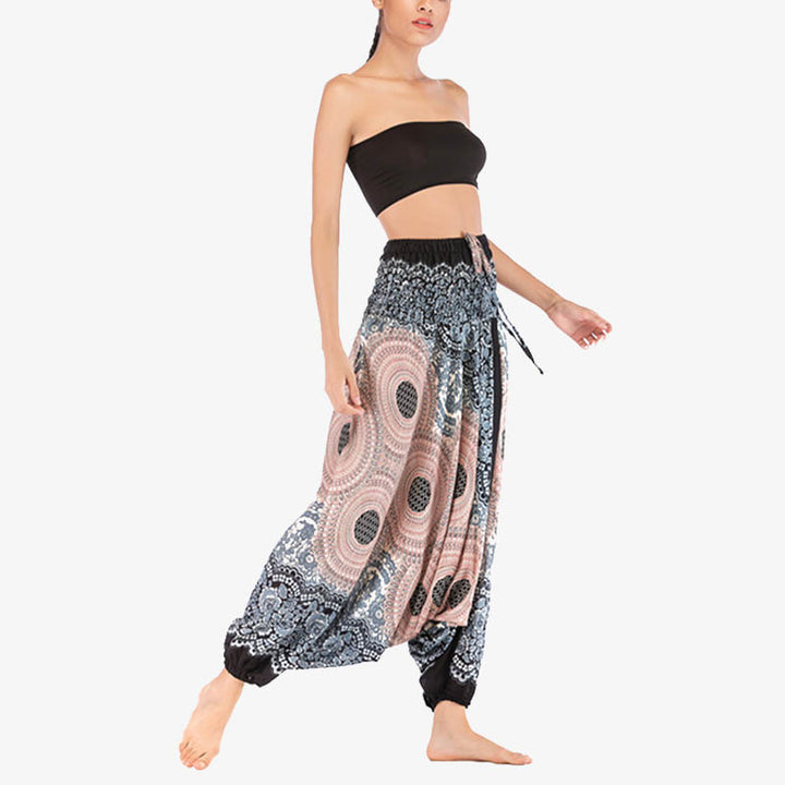 Buddha Stones ample à smocks avec motif géométrique rond et deux styles pour femme, taille haute, pantalon de yoga - image 30