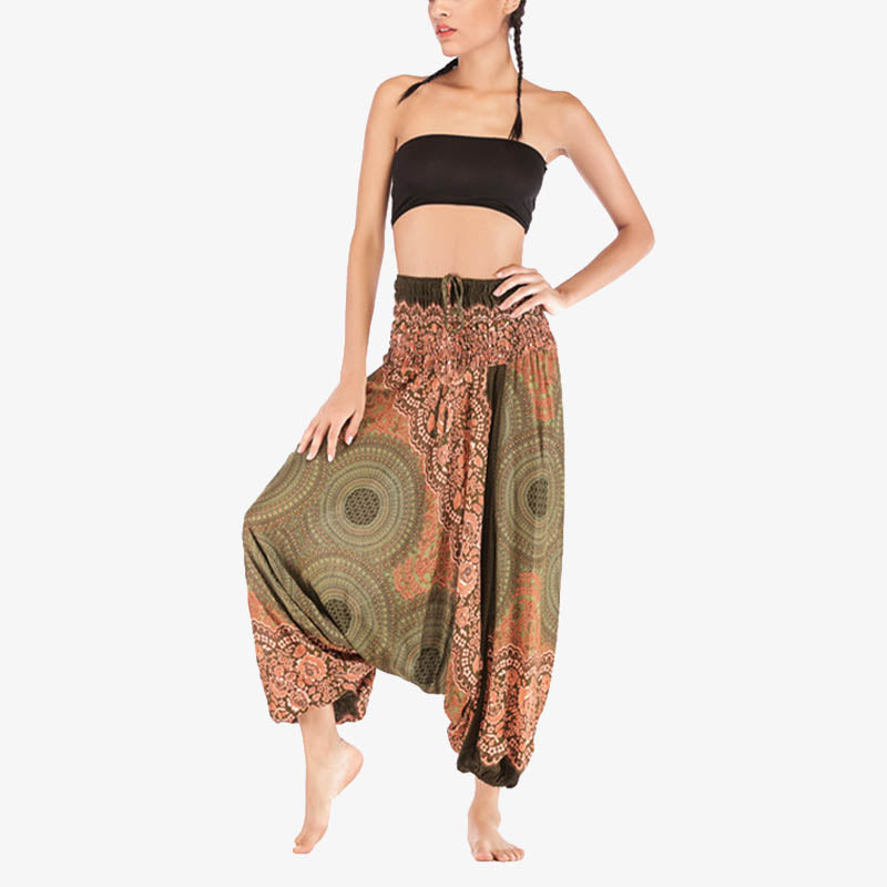 Buddha Stones ample à smocks avec motif géométrique rond et deux styles pour femme, taille haute, pantalon de yoga - image 40