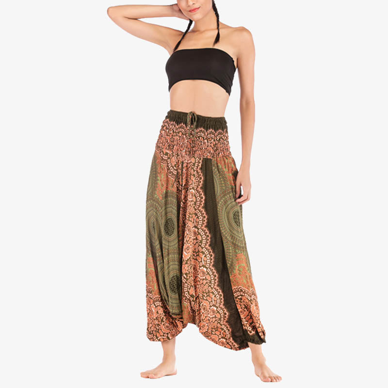 Buddha Stones ample à smocks avec motif géométrique rond et deux styles pour femme, taille haute, pantalon de yoga - image 39
