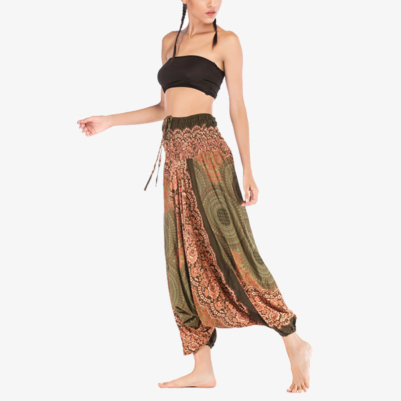 Buddha Stones ample à smocks avec motif géométrique rond et deux styles pour femme, taille haute, pantalon de yoga - image 42