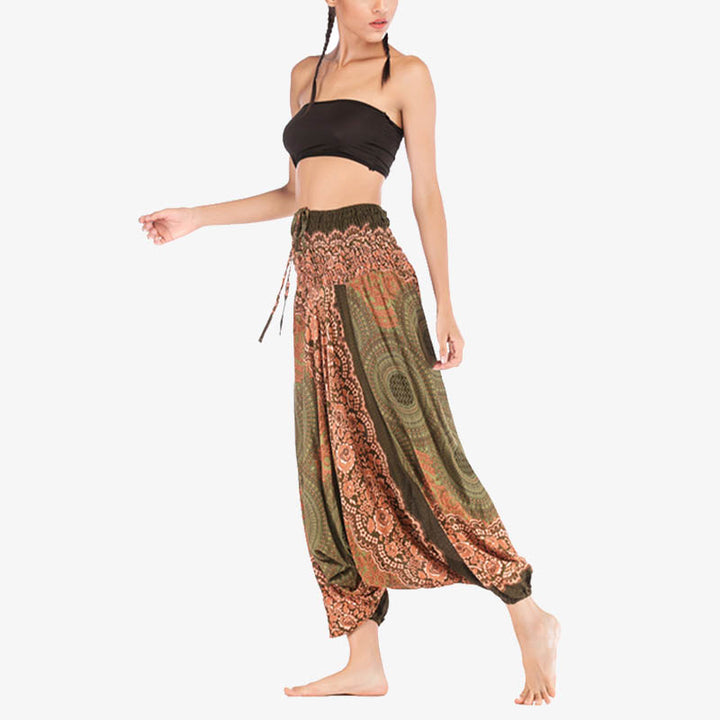 Buddha Stones ample à smocks avec motif géométrique rond et deux styles pour femme, taille haute, pantalon de yoga - image 42