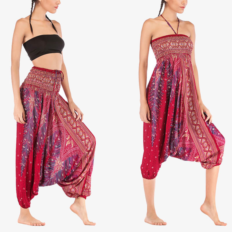 Pantalon ample à smocks et motif géométrique avec Buddha Stones , deux styles différents, pour femme, idéal pour le yoga - Paon rouge vin - US2-12，UK/AU6-16，EU34-44 (F) - image 0