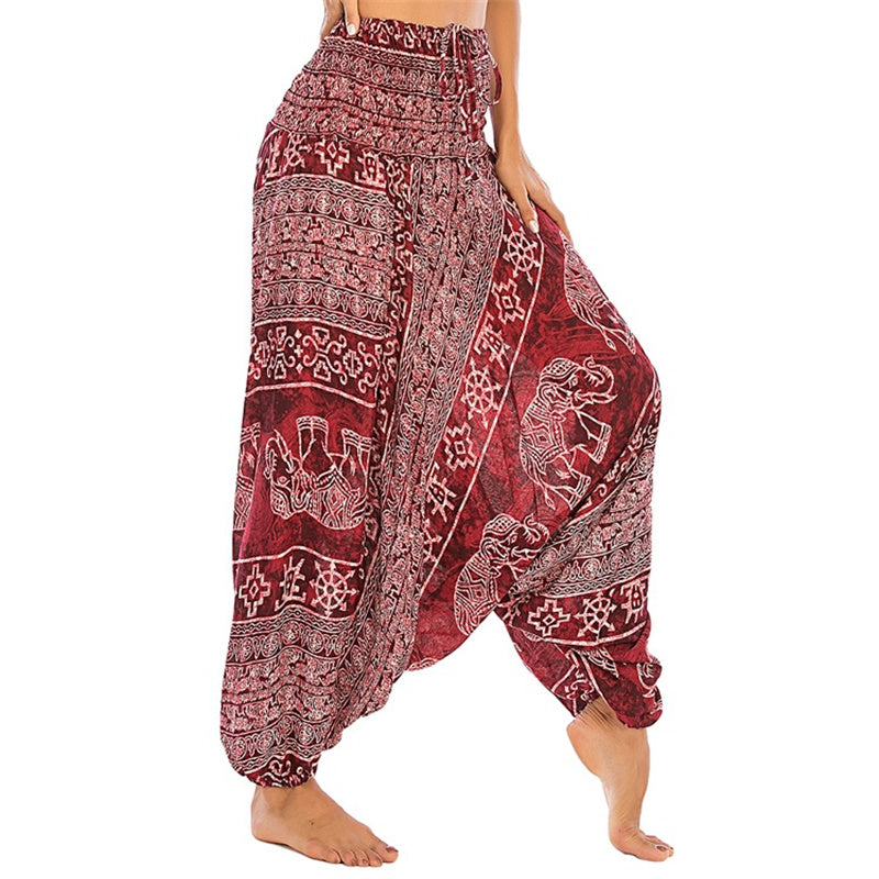 Pantalon sarouel ample à smocks Buddha Stones Two Style Wear Elephant Pattern Pantalon de yoga pour femme - Éléphant rouge - US2-12，UK/AU6-16，EU34-44 (F) - image 0
