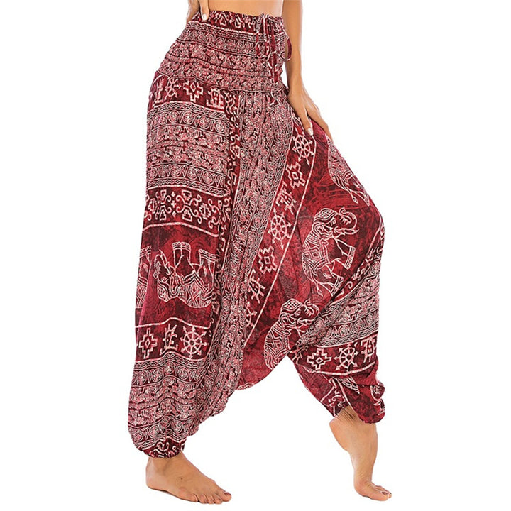 Pantalon sarouel ample à smocks Buddha Stones Two Style Wear Elephant Pattern Pantalon de yoga pour femme - Éléphant rouge - US2-12，UK/AU6-16，EU34-44 (F) - image 0