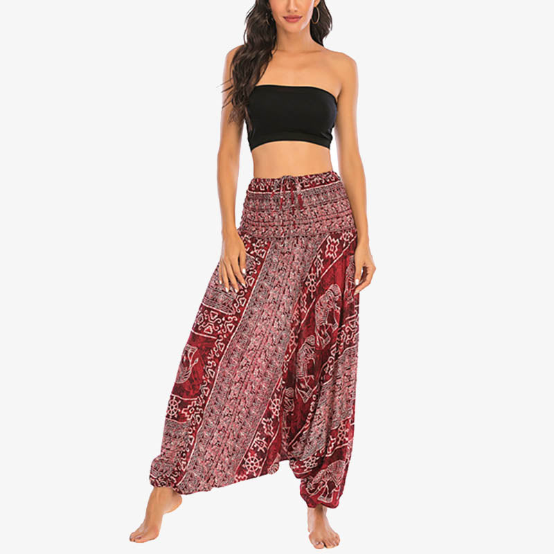 Pantalon sarouel ample à smocks Buddha Stones Two Style Wear Elephant Pattern Pantalon de yoga pour femme - image 1