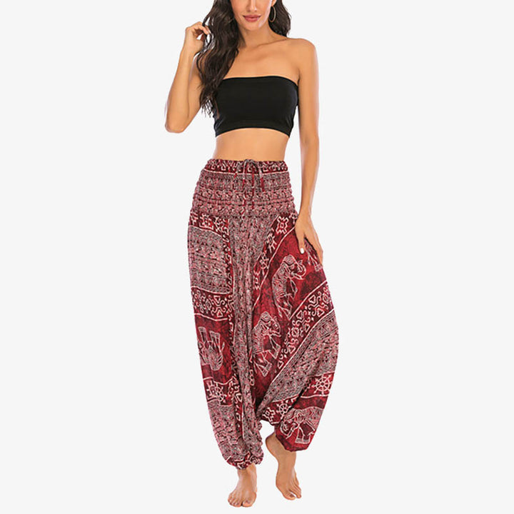 Pantalon sarouel ample à smocks Buddha Stones Two Style Wear Elephant Pattern Pantalon de yoga pour femme - image 5