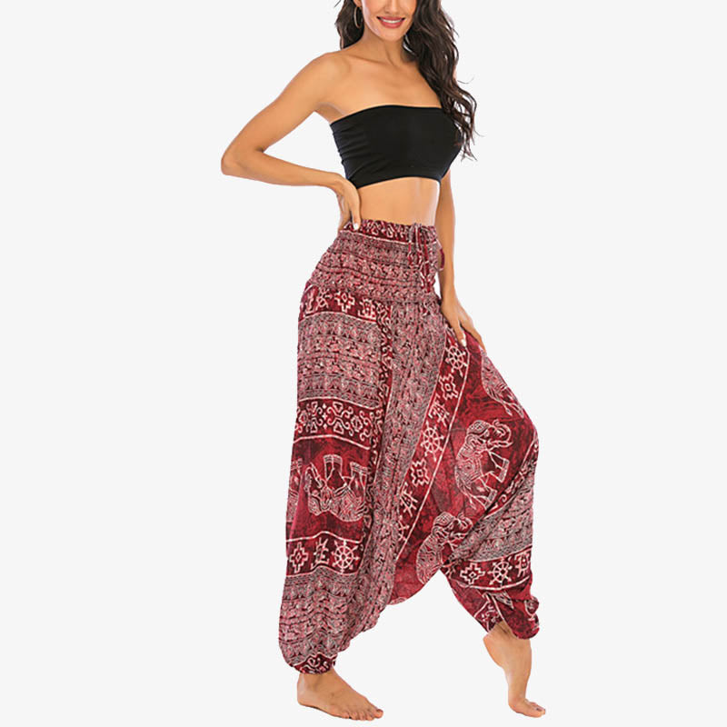 Pantalon sarouel ample à smocks Buddha Stones Two Style Wear Elephant Pattern Pantalon de yoga pour femme - image 2