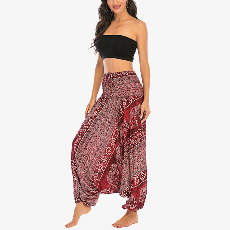 Pantalon sarouel ample à smocks Buddha Stones Two Style Wear Elephant Pattern Pantalon de yoga pour femme - image 3