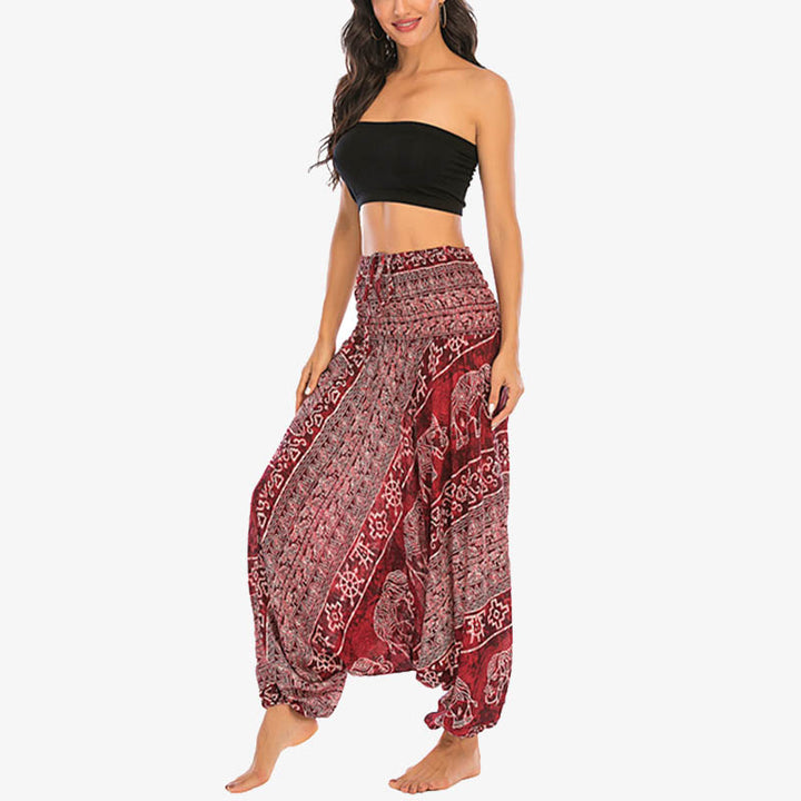 Pantalon sarouel ample à smocks Buddha Stones Two Style Wear Elephant Pattern Pantalon de yoga pour femme - image 3