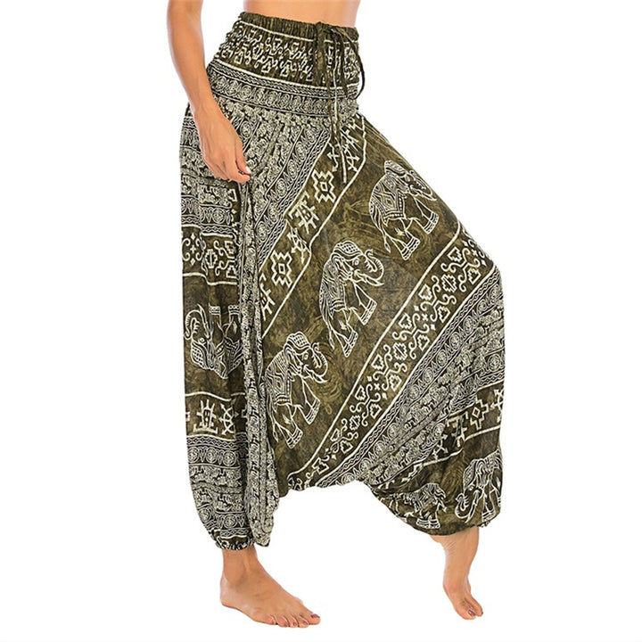 Pantalon sarouel ample à smocks Buddha Stones Two Style Wear Elephant Pattern Pantalon de yoga pour femme - Éléphant vert - US2-12, UK/AU6-16, EU34-44 (F) - image 9