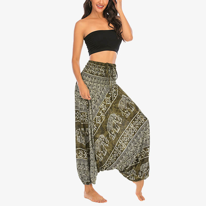 Pantalon sarouel ample à smocks Buddha Stones Two Style Wear Elephant Pattern Pantalon de yoga pour femme - image 11