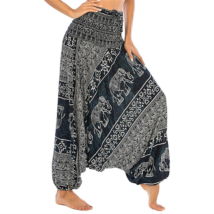 Pantalon sarouel ample à smocks Buddha Stones Two Style Wear Elephant Pattern Pantalon de yoga pour femme - Éléphant noir - US2-12，UK/AU6-16，EU34-44 (F) - image 21