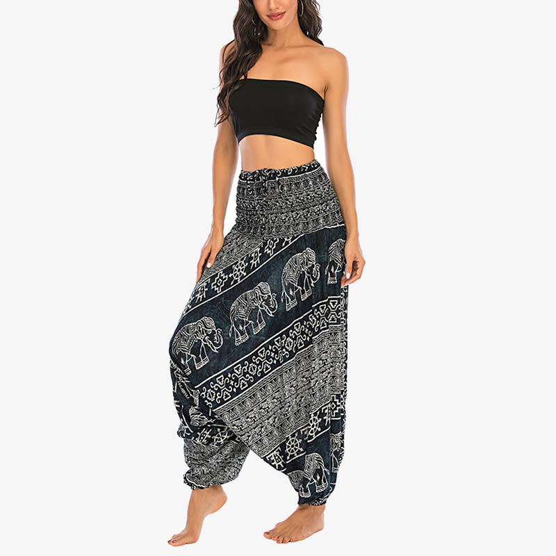Pantalon sarouel ample à smocks Buddha Stones Two Style Wear Elephant Pattern Pantalon de yoga pour femme - image 26