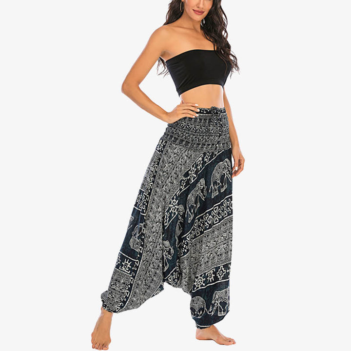 Pantalon sarouel ample à smocks Buddha Stones Two Style Wear Elephant Pattern Pantalon de yoga pour femme - image 24