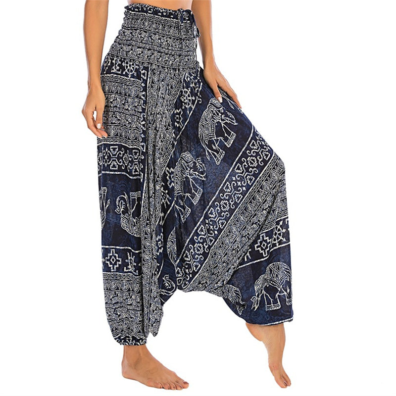 Pantalon sarouel ample à smocks Buddha Stones Two Style Wear Elephant Pattern Pantalon de yoga pour femme - Éléphant bleu - US2-12，UK/AU6-16，EU34-44 (F) - image 31