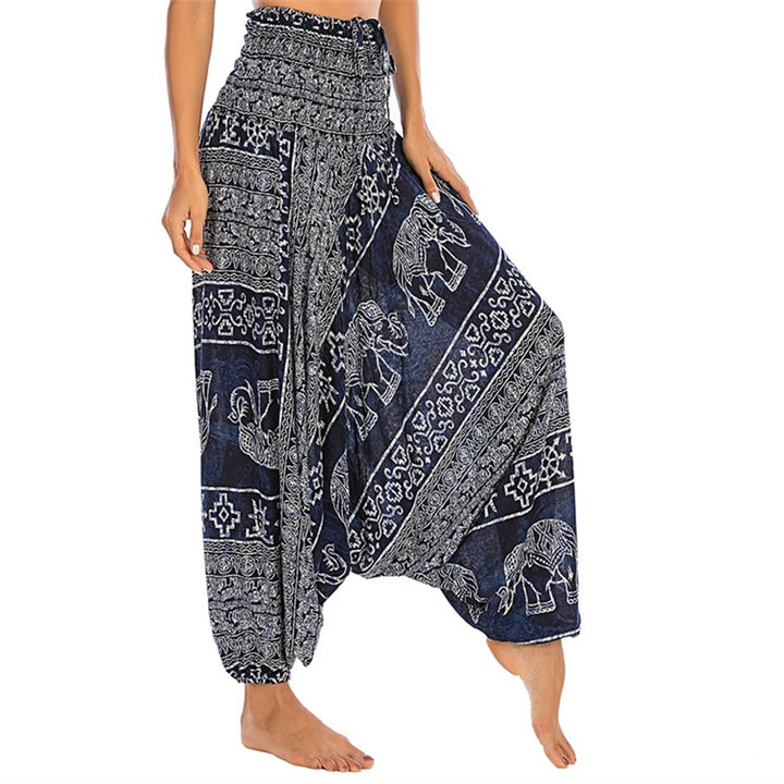 Pantalon sarouel ample à smocks Buddha Stones Two Style Wear Elephant Pattern Pantalon de yoga pour femme - Éléphant bleu - US2-12，UK/AU6-16，EU34-44 (F) - image 31