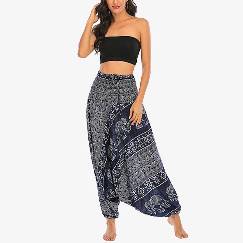 Pantalon sarouel ample à smocks Buddha Stones Two Style Wear Elephant Pattern Pantalon de yoga pour femme - image 32
