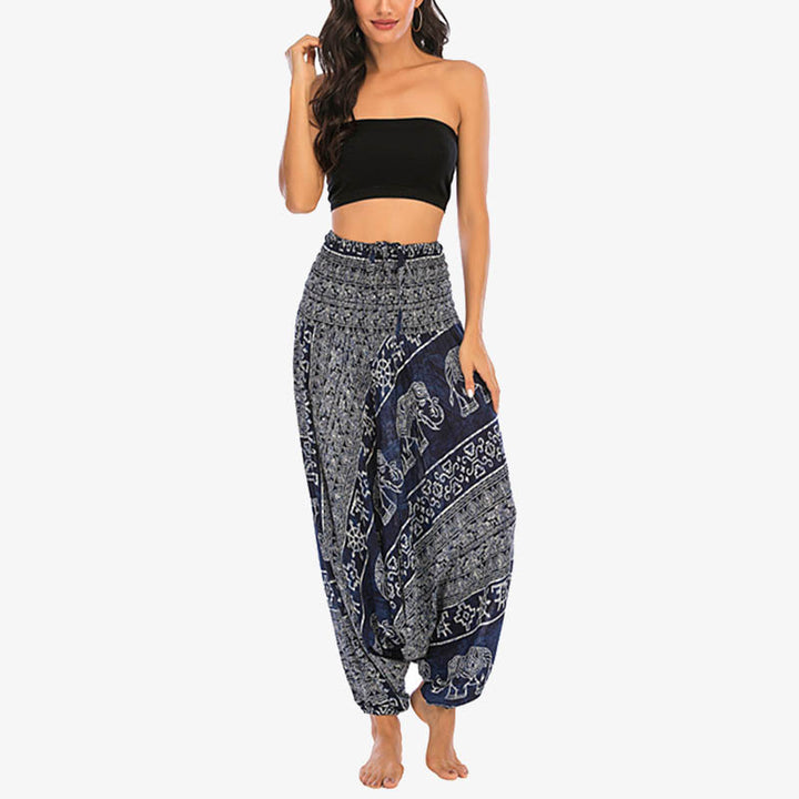 Pantalon sarouel ample à smocks Buddha Stones Two Style Wear Elephant Pattern Pantalon de yoga pour femme - image 36
