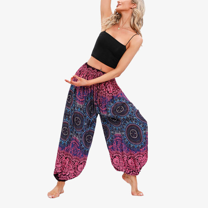 Pantalon de yoga ample à imprimé floral et géométrique rond avec Buddha Stones pour femme - Rose rouge - US2-12，UK/AU6-16，EU34-44 (F) - image 0