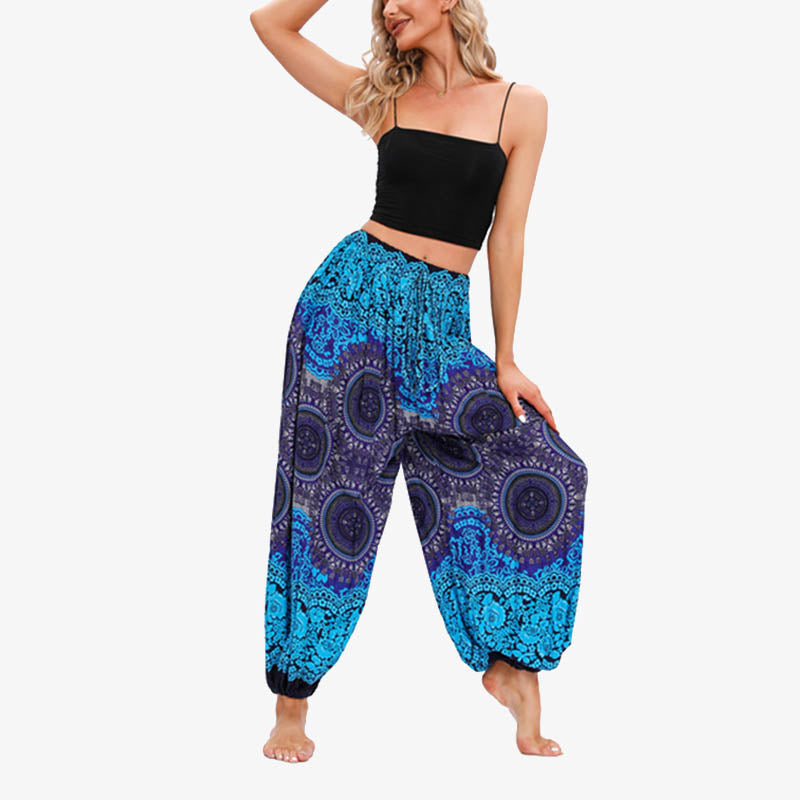 Pantalon de yoga ample à imprimé floral et géométrique rond avec Buddha Stones pour femme - Bleu royal - US2-12，UK/AU6-16，EU34-44 (F) - image 4