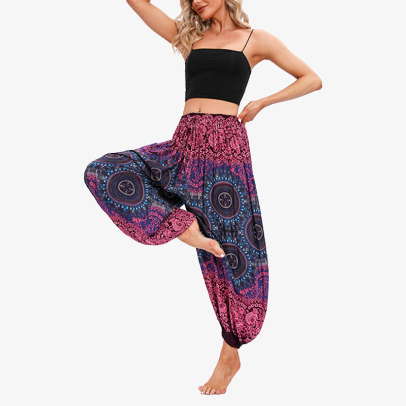 Pantalon de yoga ample à imprimé floral et géométrique rond avec Buddha Stones pour femme - image 1