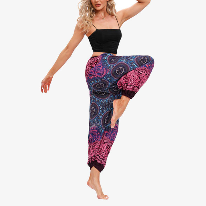 Pantalon de yoga ample à imprimé floral et géométrique rond avec Buddha Stones pour femme - image 3