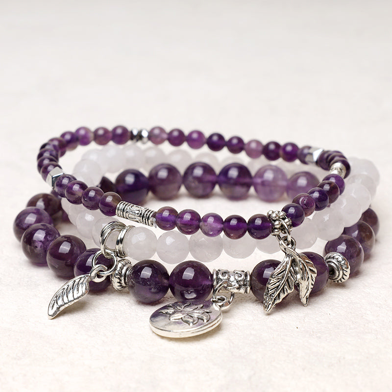 Bracelet Lotus en perles de cristal de quartz naturel avec énergie de guérison et 3 pièces de Buddha Stones - Améthyste - image 1