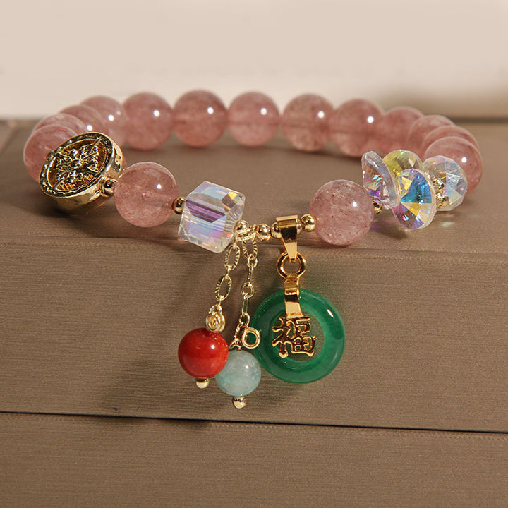 Bracelet de guérison à breloques en jade et quartz fraise Buddha Stones
