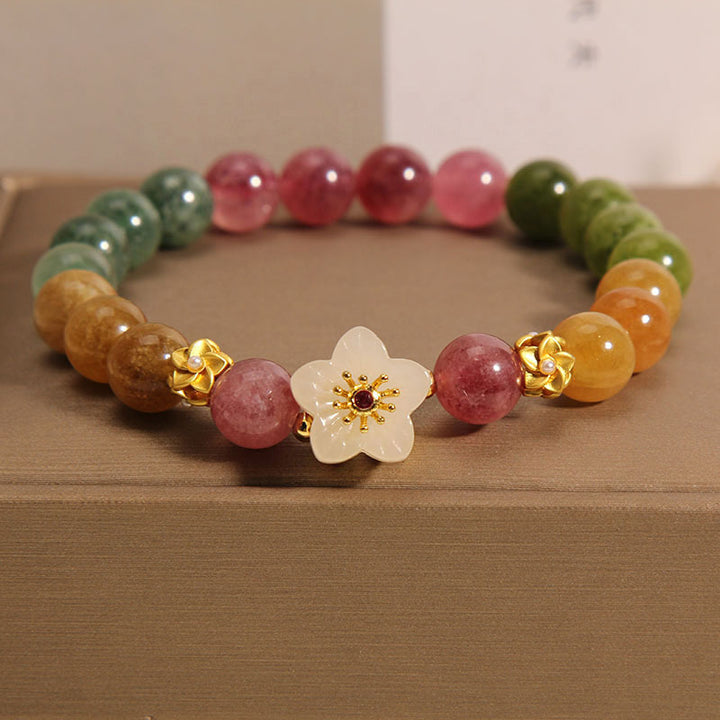 Bracelet d'amour en Buddha Stones avec fleurs de jade tourmaline colorées