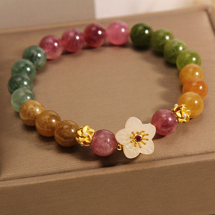Bracelet d'amour en Buddha Stones avec fleurs de jade tourmaline colorées