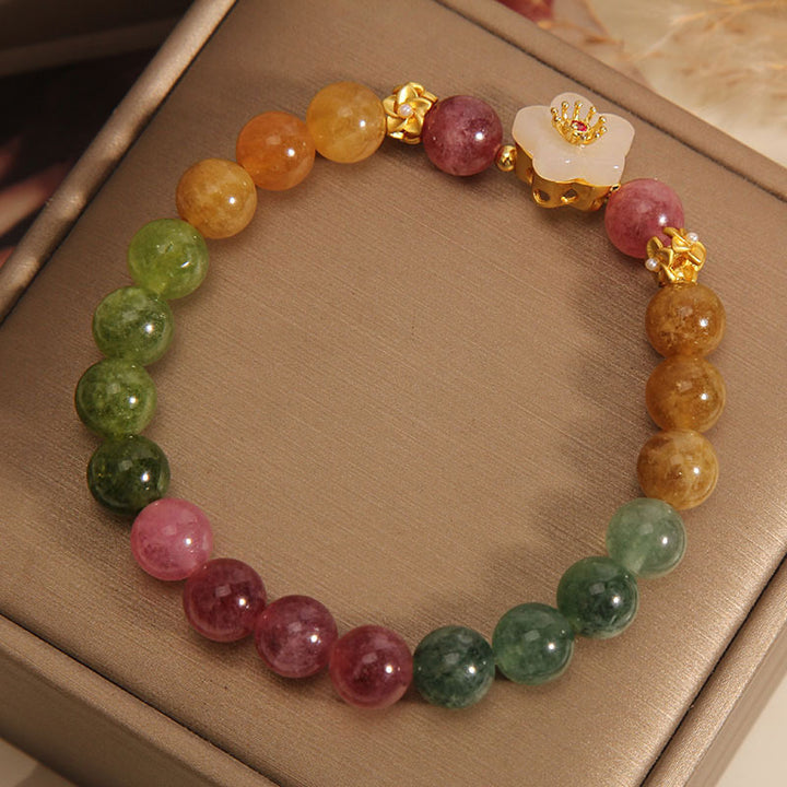 Bracelet d'amour en Buddha Stones avec fleurs de jade tourmaline colorées