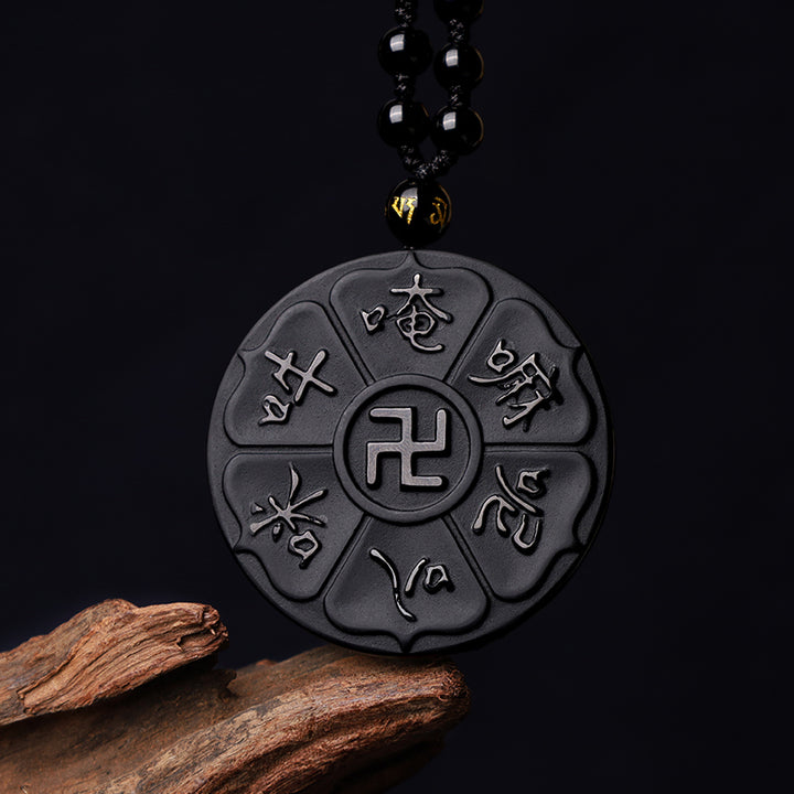 Collier pendentif porte-bonheur tibétain en pierres de Buddha Stones en obsidienne noire naturelle Om Mani Padme Hum Bouddha Swastika