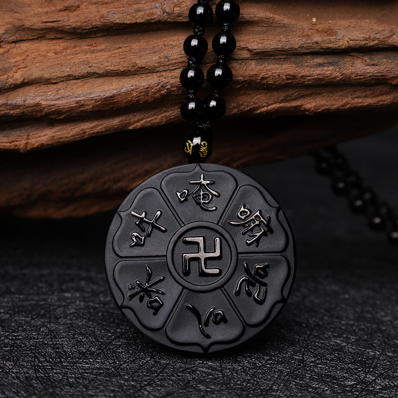 Collier pendentif porte-bonheur tibétain en pierres de Buddha Stones en obsidienne noire naturelle Om Mani Padme Hum Bouddha Swastika