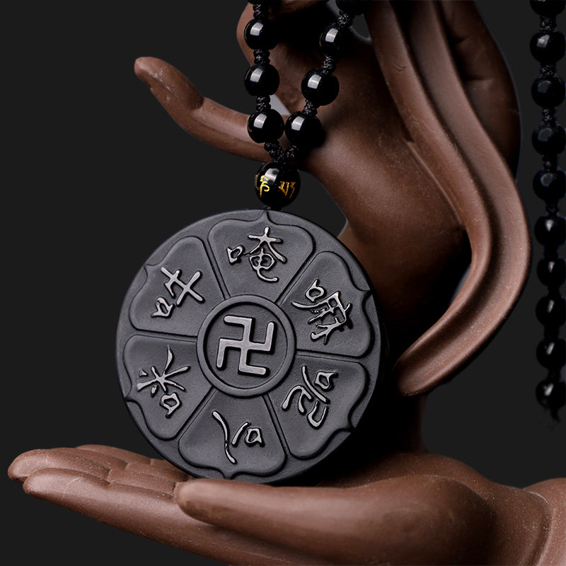 Collier pendentif porte-bonheur tibétain en pierres de Buddha Stones en obsidienne noire naturelle Om Mani Padme Hum Bouddha Swastika