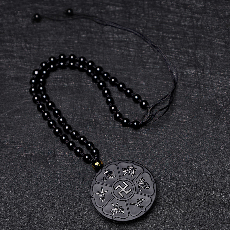 Collier pendentif porte-bonheur tibétain en pierres de Buddha Stones en obsidienne noire naturelle Om Mani Padme Hum Bouddha Swastika