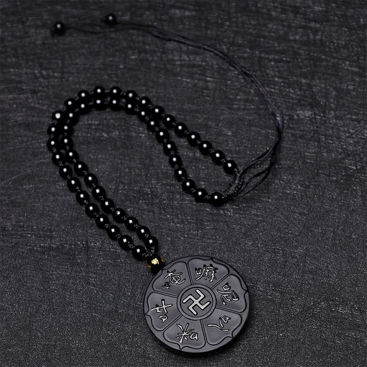 Collier pendentif porte-bonheur tibétain en pierres de Buddha Stones en obsidienne noire naturelle Om Mani Padme Hum Bouddha Swastika