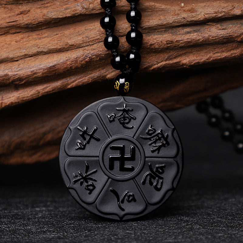 Collier pendentif porte-bonheur tibétain en pierres de Buddha Stones en obsidienne noire naturelle Om Mani Padme Hum Bouddha Swastika