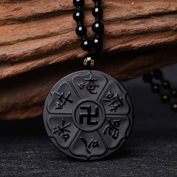 Collier pendentif porte-bonheur tibétain en pierres de Buddha Stones en obsidienne noire naturelle Om Mani Padme Hum Bouddha Swastika